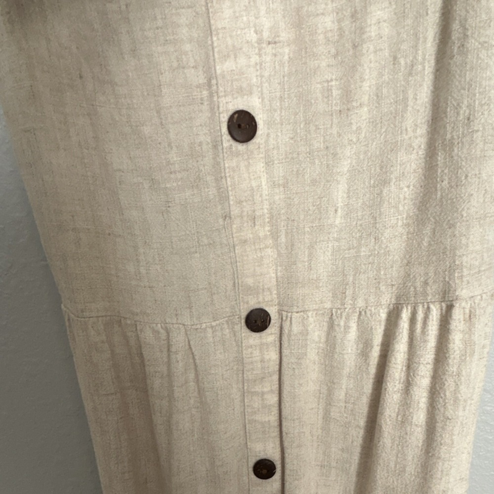 Monteau Beige Linen Blend Sundress S Button Front Ruffle Strap Knee Length - Picture 5 of 11